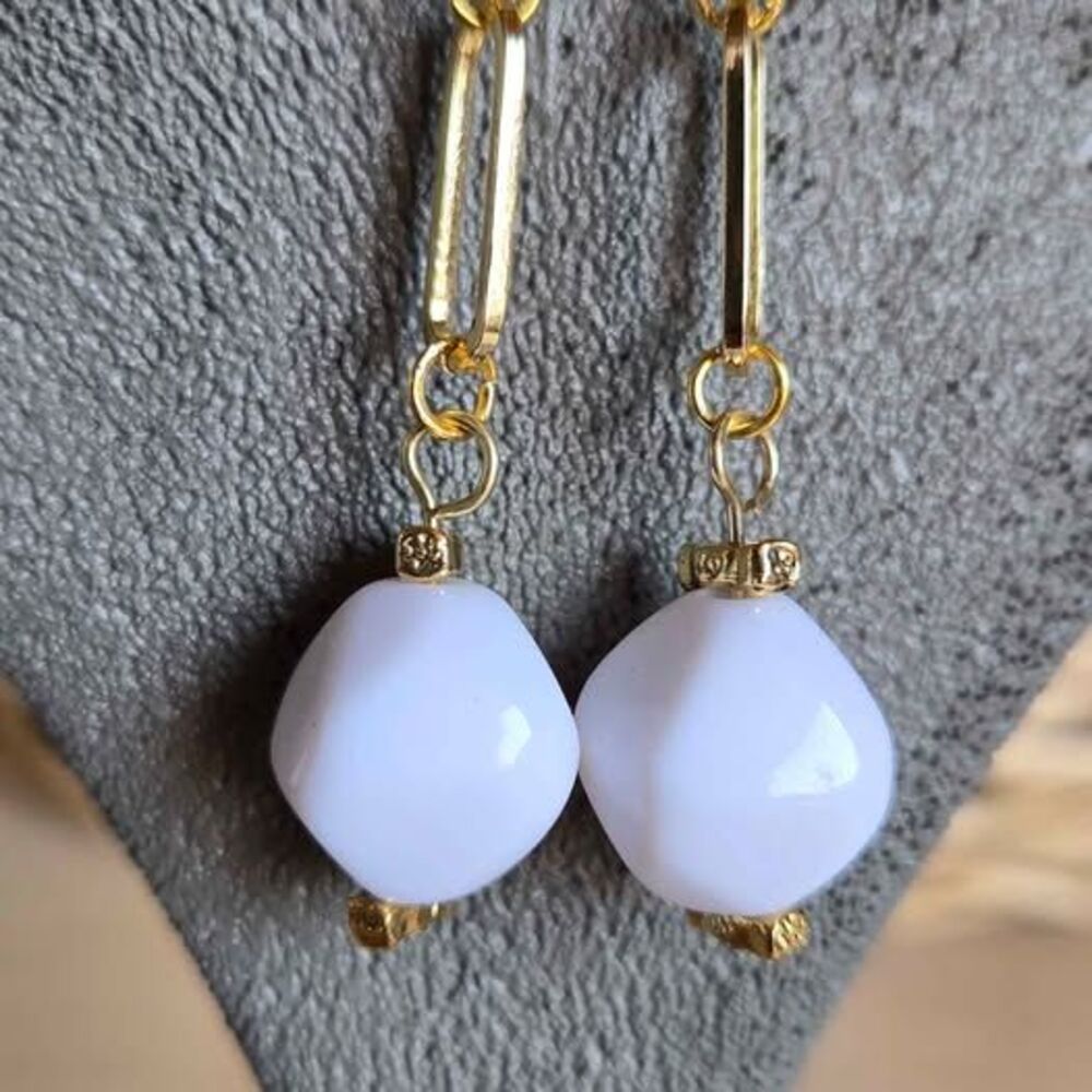 Handmade White Acrylic Bead Dangle Earrings – Gold Tone – 4 Pairs Available
